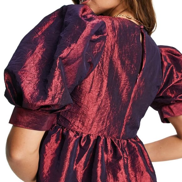 ASOS Metallic Bubble Puff Sleeve Taffeta Top Deep Red - Picture 5 of 10